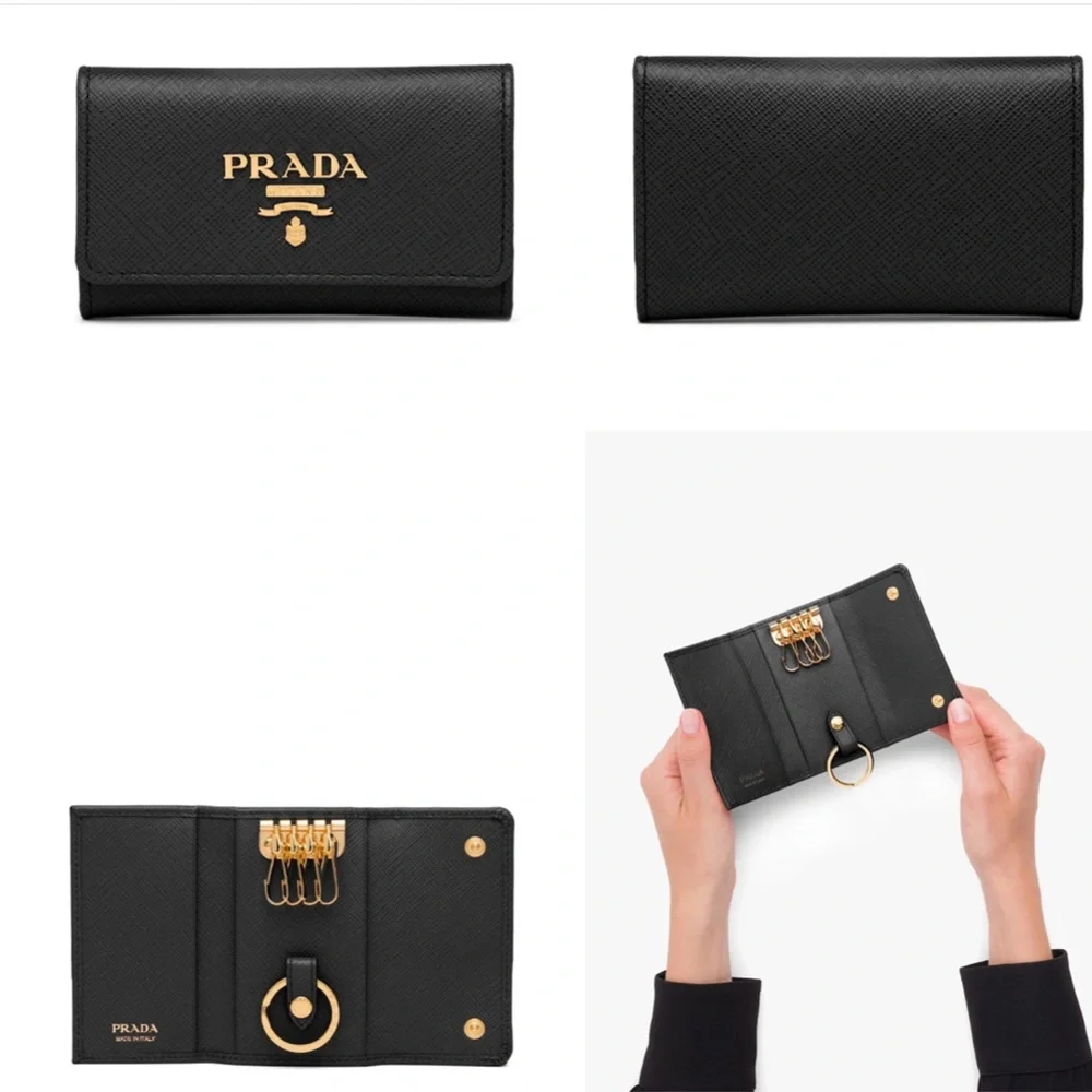 Prada Black Saffiano Leather Key & Card Holder with Gold Logo